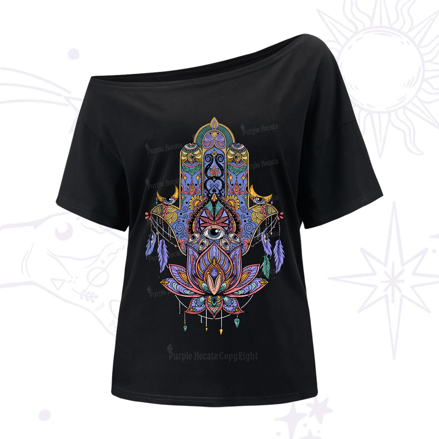 Purplehecate Hamsa Evil Eye One-Shoulder T-Shirt