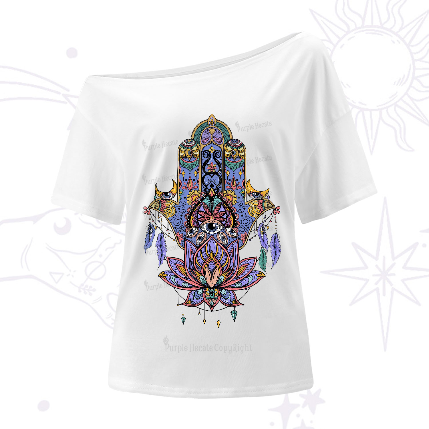 Purplehecate Hamsa Evil Eye One-Shoulder T-Shirt