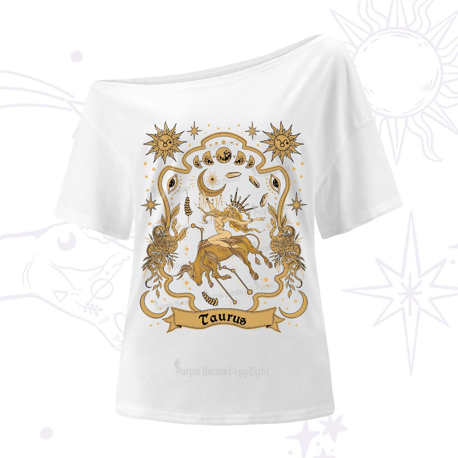 Purplehecate Taurus' Astral Mirage Zodiac One-Shoulder T-Shirt