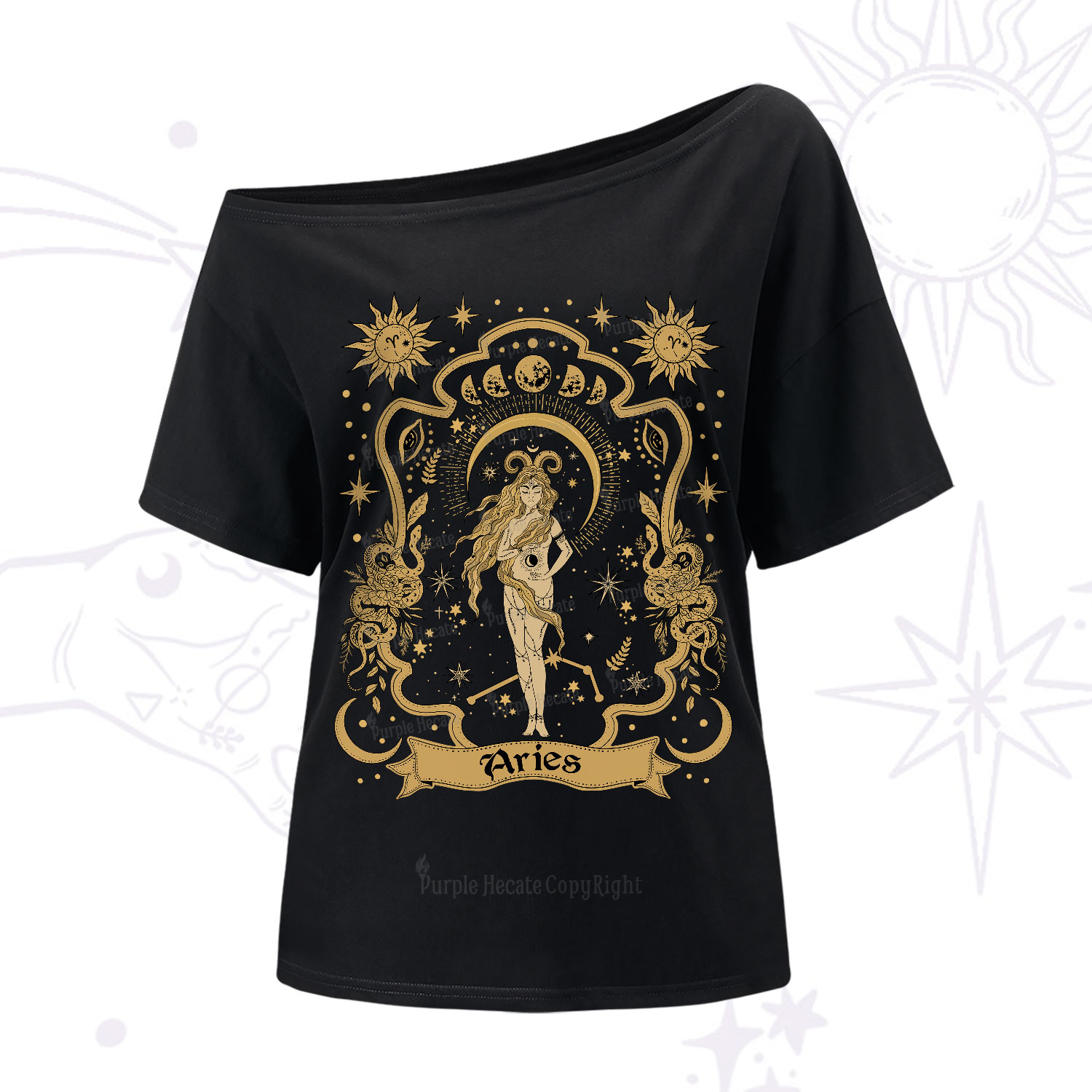 Purplehecate Aries' Astral Mirage Zodiac One-Shoulder T-Shirt