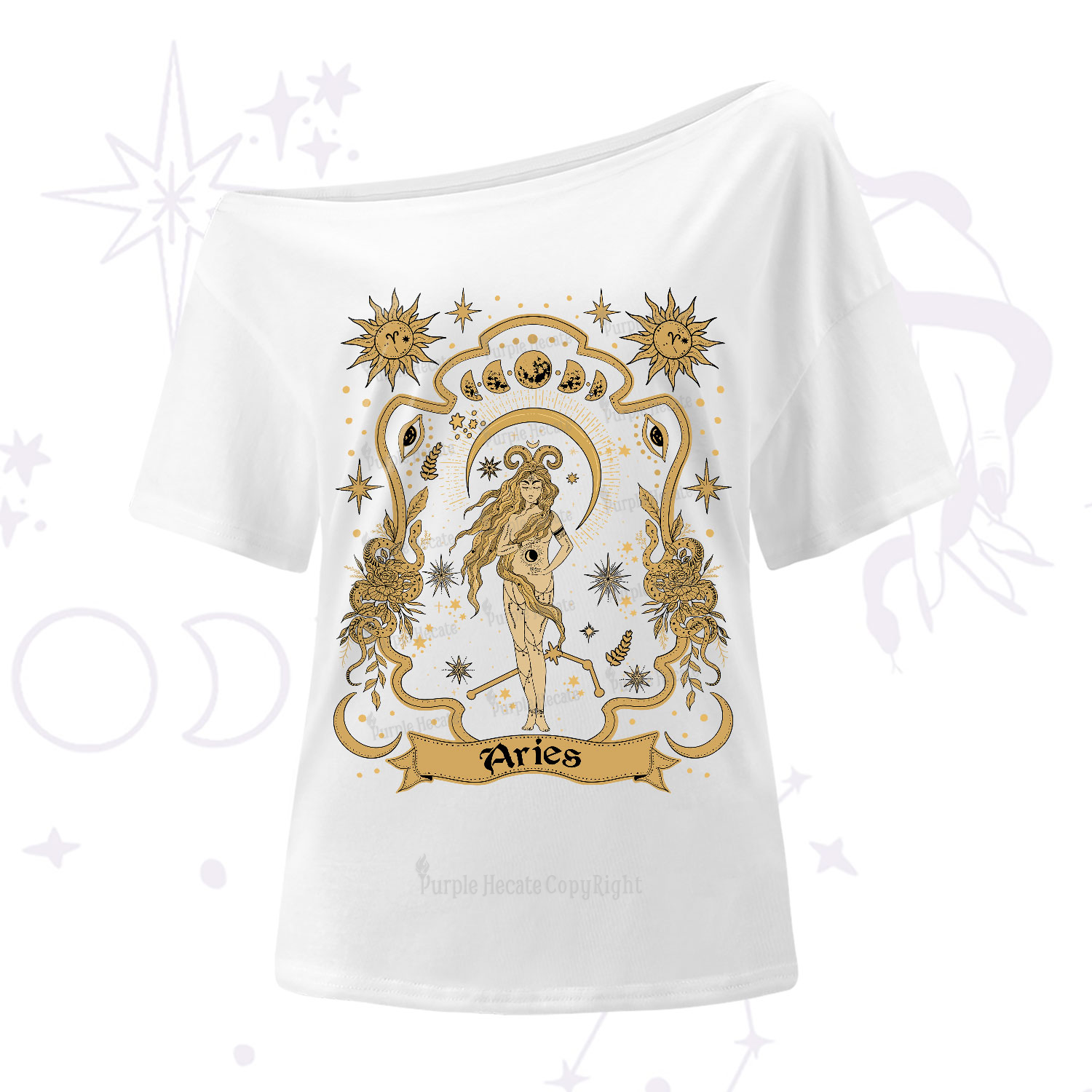 Purplehecate Aries' Astral Mirage Zodiac One-Shoulder T-Shirt