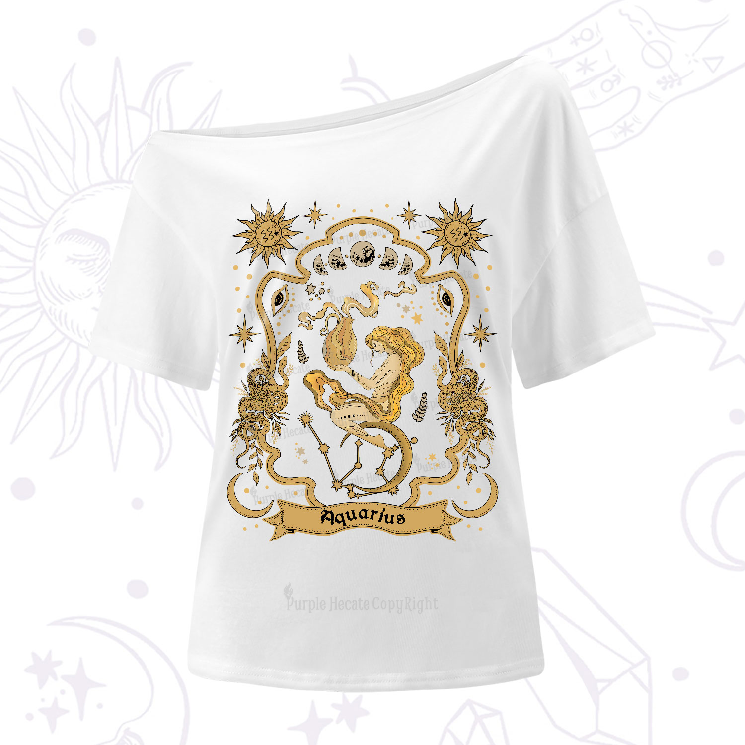 Purplehecate Aquarius' Astral Mirage Zodiac One-Shoulder T-Shirt