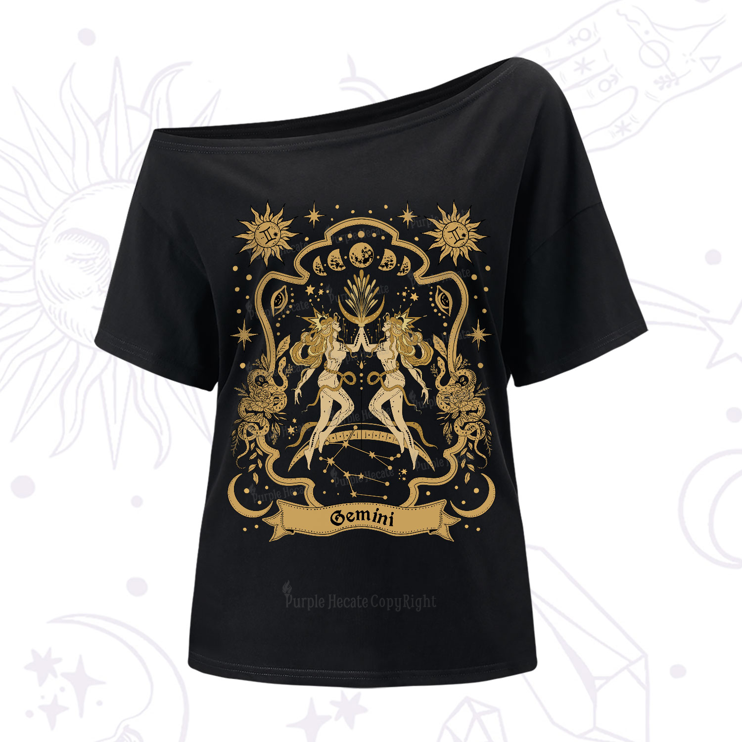 Purplehecate Gemini' Astral Mirage Zodiac One-Shoulder T-Shirt