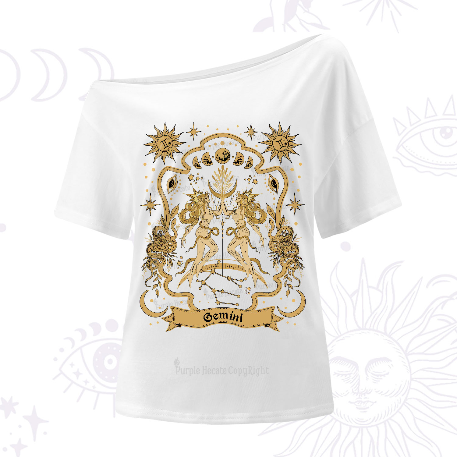 Purplehecate Gemini' Astral Mirage Zodiac One-Shoulder T-Shirt