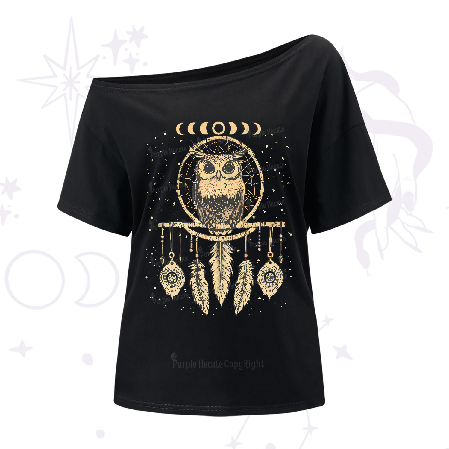 Purplehecate Luna Owl Dream Catcher One-Shoulder T-Shirt