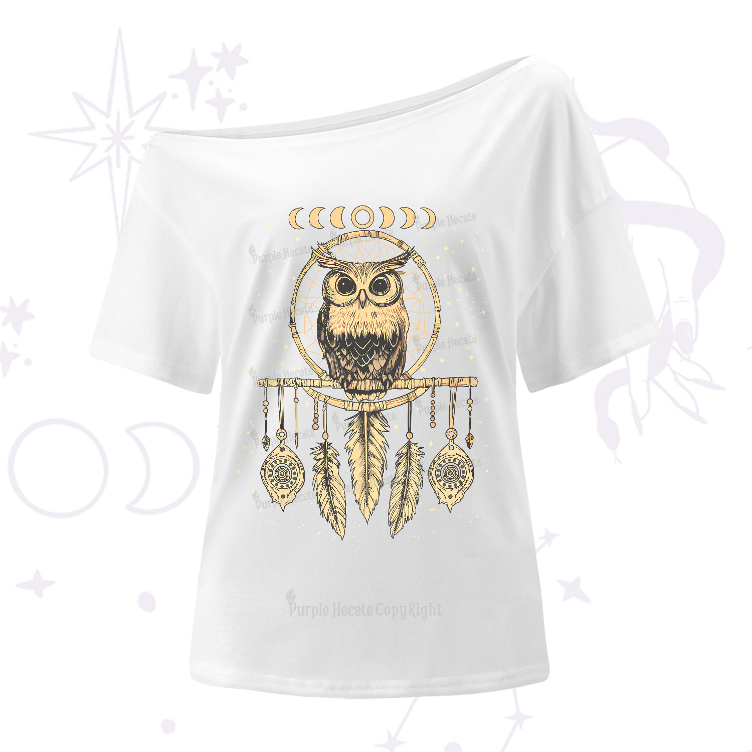 Purplehecate Luna Owl Dream Catcher One-Shoulder T-Shirt