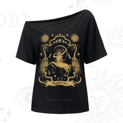 Purplehecate Sagittarius' Astral Mirage Zodiac One-Shoulder T-Shirt