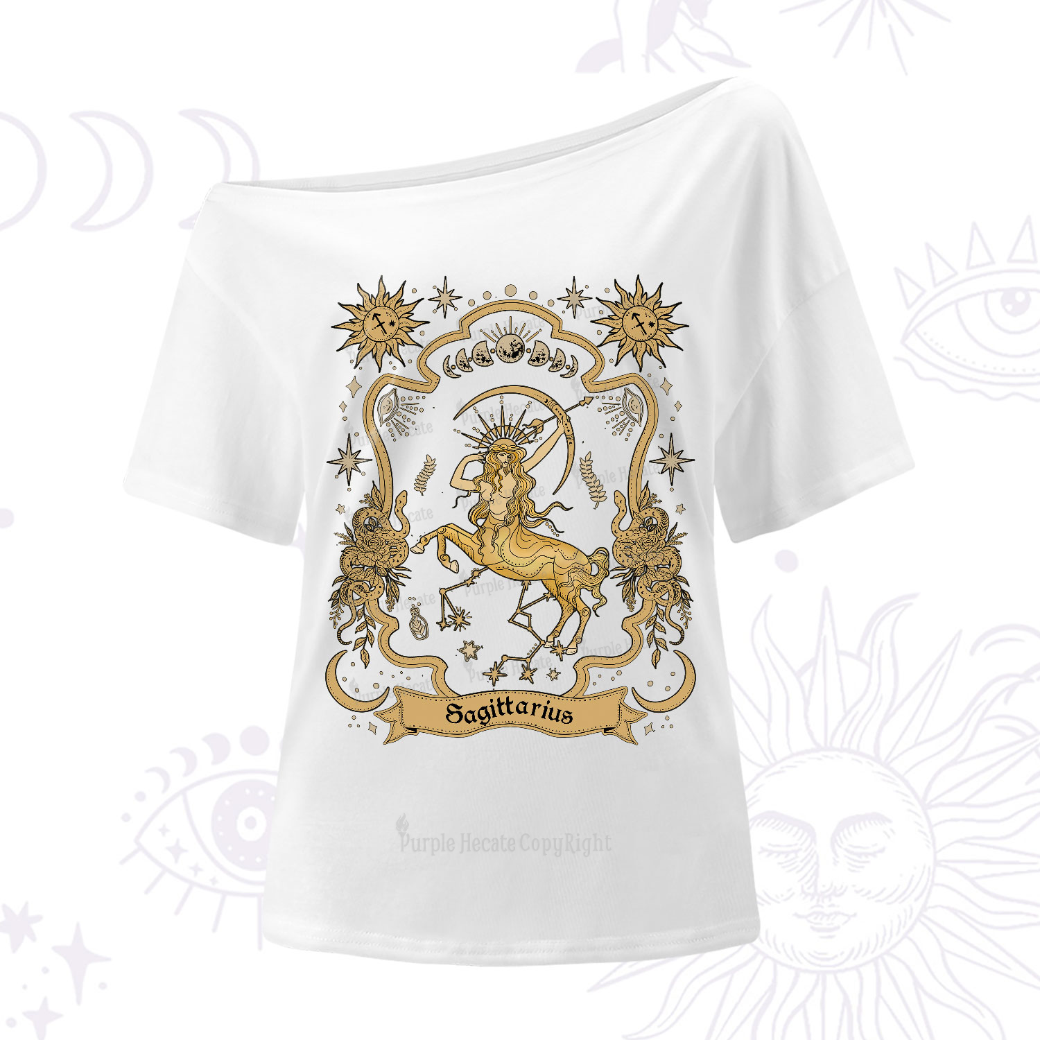 Purplehecate Sagittarius' Astral Mirage Zodiac One-Shoulder T-Shirt
