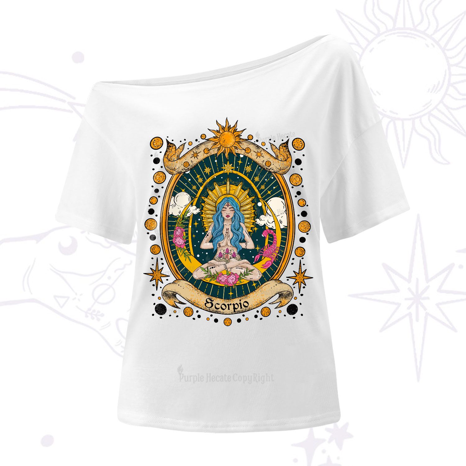 Purplehecate Scorpio Celestial Charm Zodiac One-Shoulder T-Shirt