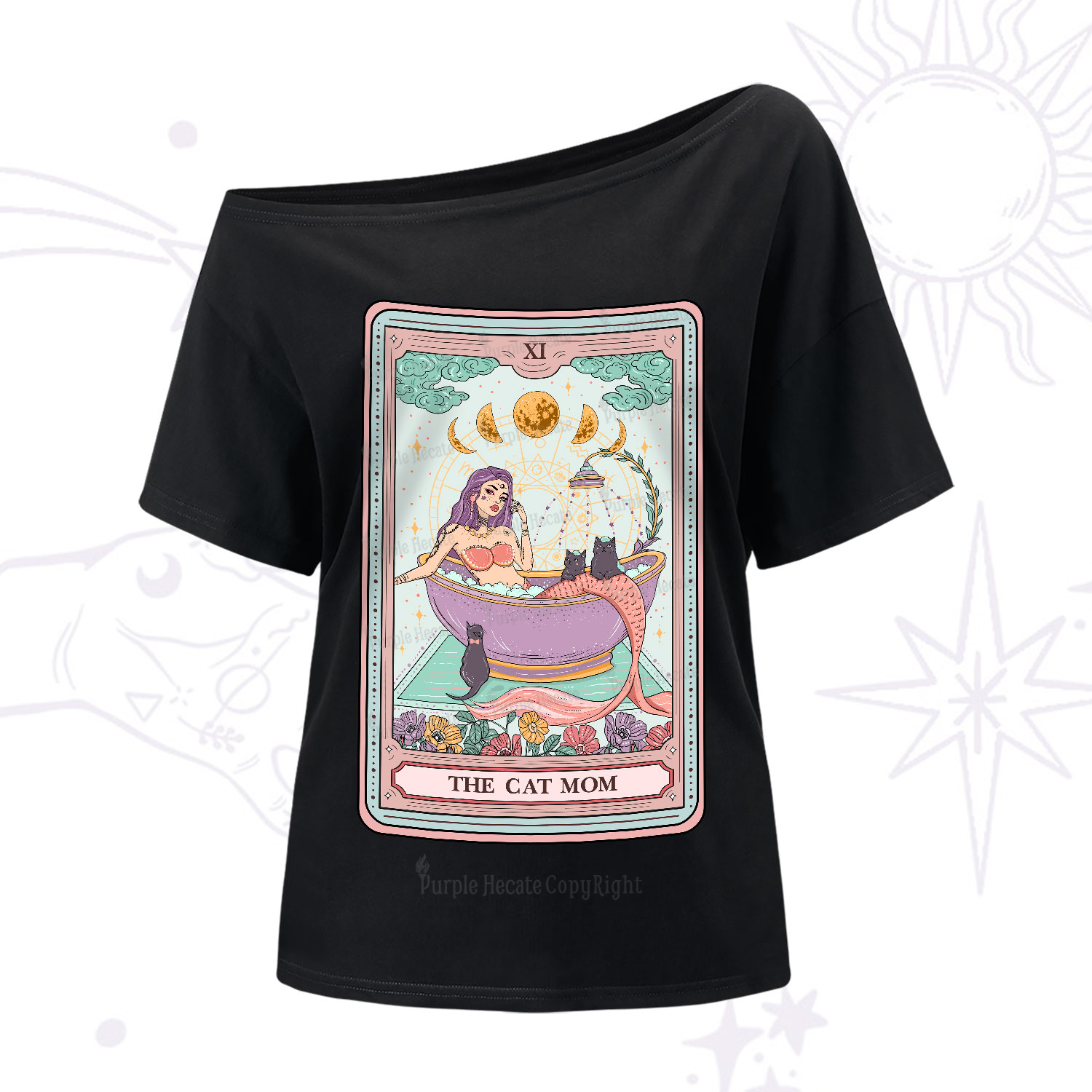 Purplehecate The Cat Mermaid Mom Tarot Card One-Shoulder T-Shirt