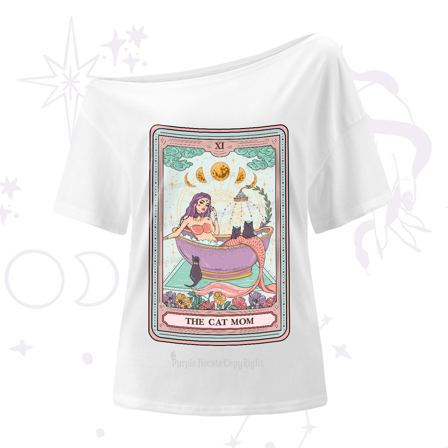 Purplehecate The Cat Mermaid Mom Tarot Card One-Shoulder T-Shirt