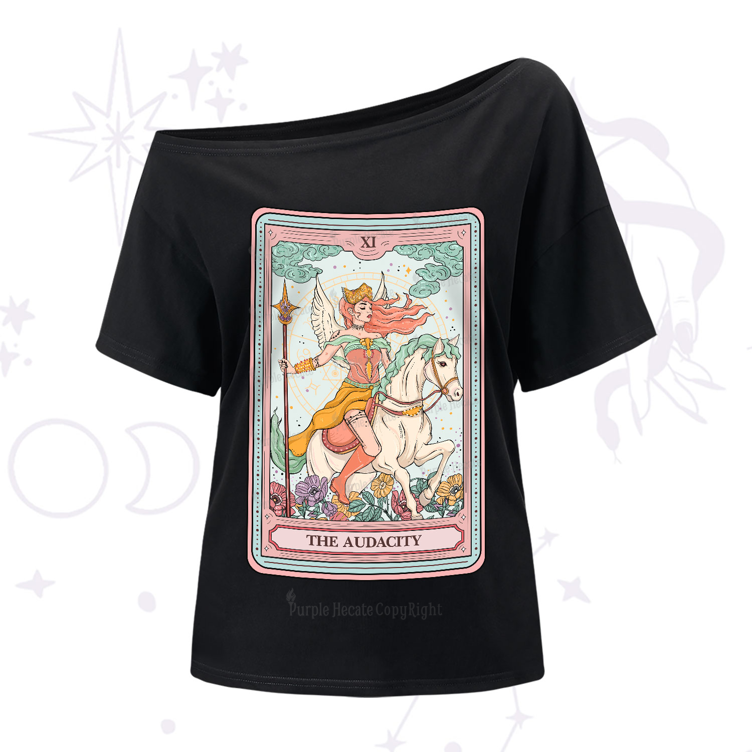 Purplehecate The Audacity Winged Goddess Tarot Card One-Shoulder T-Shirt