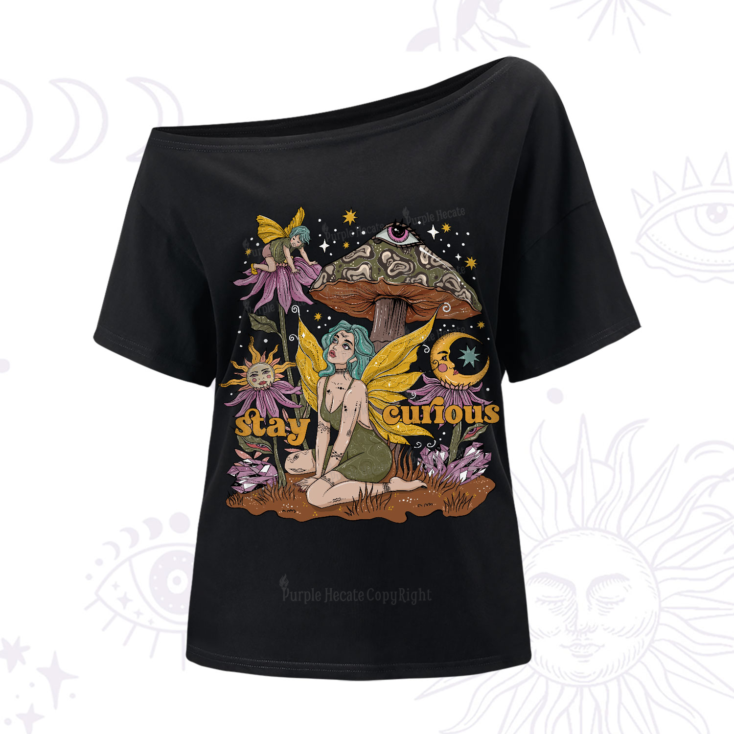 Purplehecate Stay Curious One-Shoulder T-Shirt