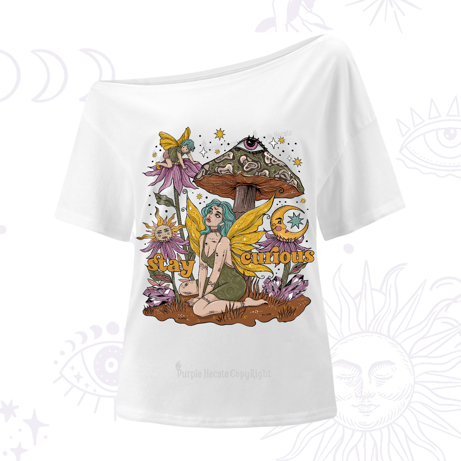 Purplehecate Stay Curious One-Shoulder T-Shirt