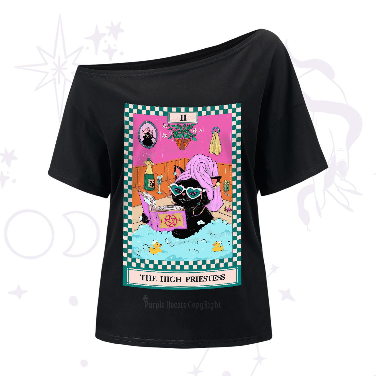 Purplehecate The Cat High Priestess's Bubble Time Tarot One-Shoulder T-Shirt