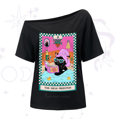 Purplehecate The Cat High Priestess's Bubble Time Tarot One-Shoulder T-Shirt