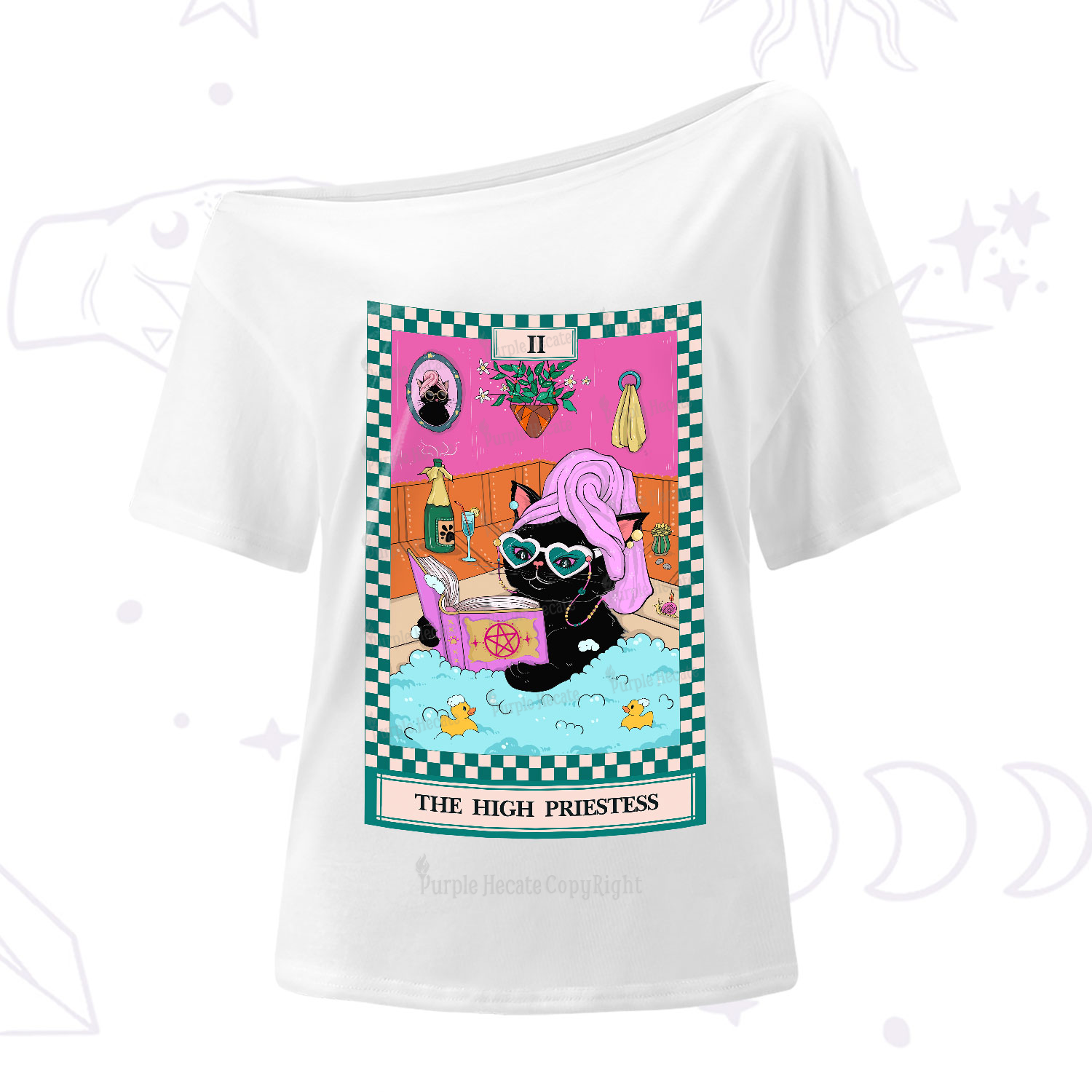 Purplehecate The Cat High Priestess's Bubble Time Tarot One-Shoulder T-Shirt