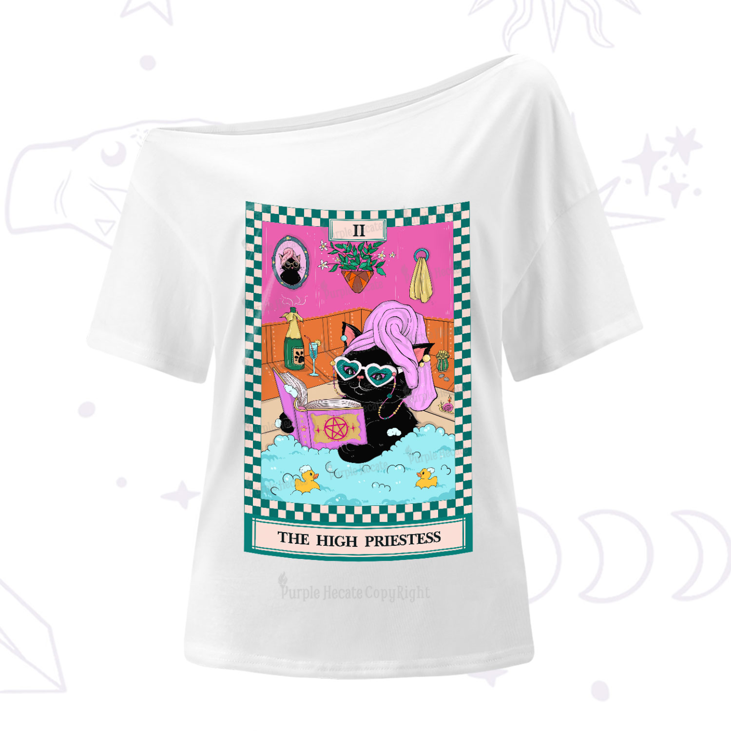 Purplehecate The Cat High Priestess's Bubble Time Tarot One-Shoulder T-Shirt