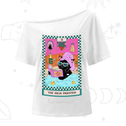 Purplehecate The Cat High Priestess's Bubble Time Tarot One-Shoulder T-Shirt