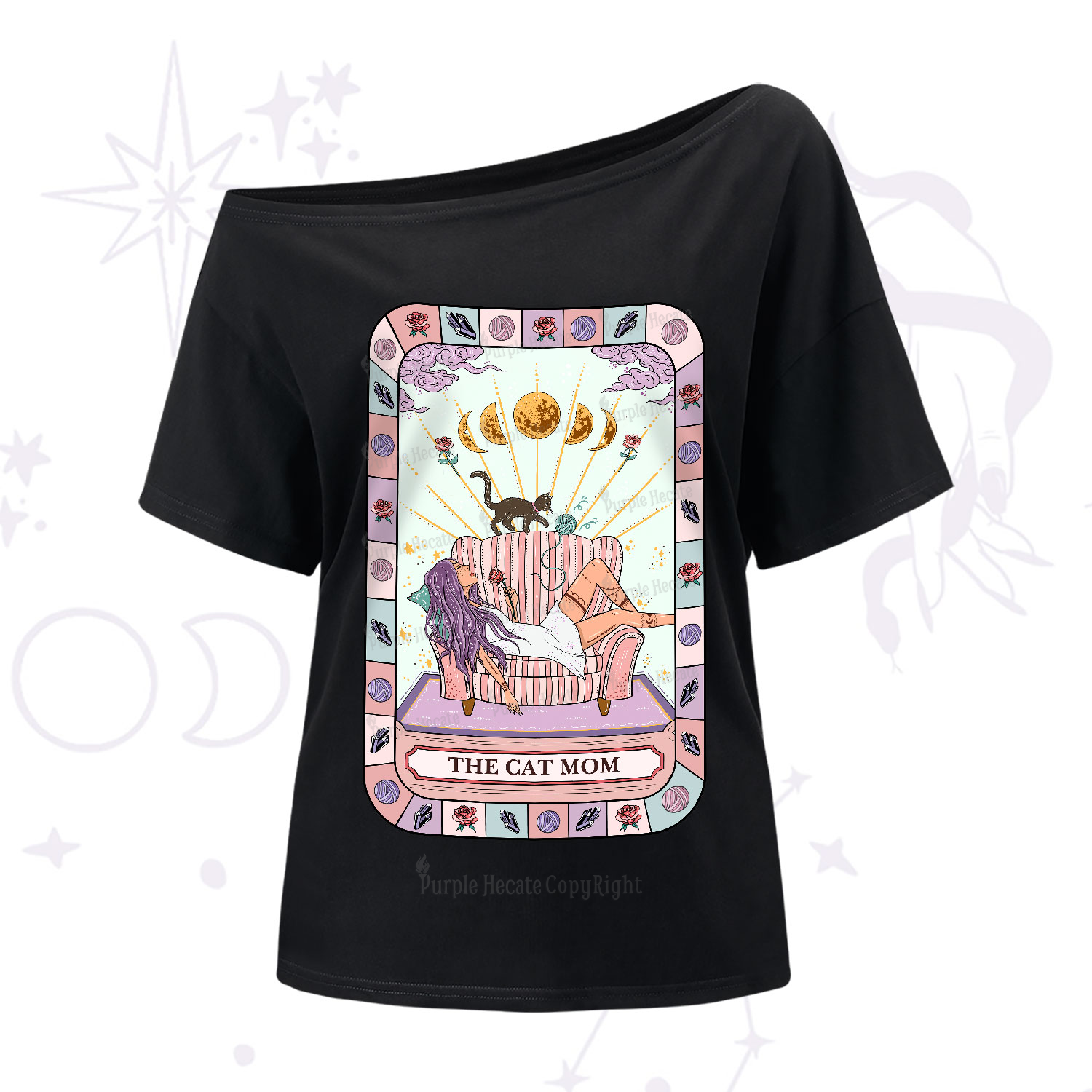 Purplehecate The Chill Cat Mom One-Shoulder T-Shirt