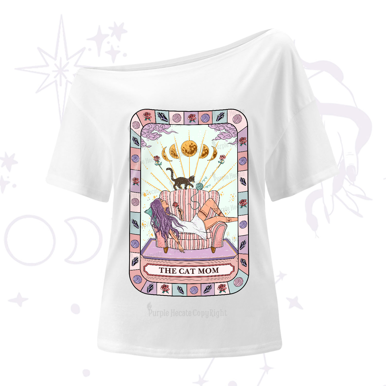 Purplehecate The Chill Cat Mom One-Shoulder T-Shirt