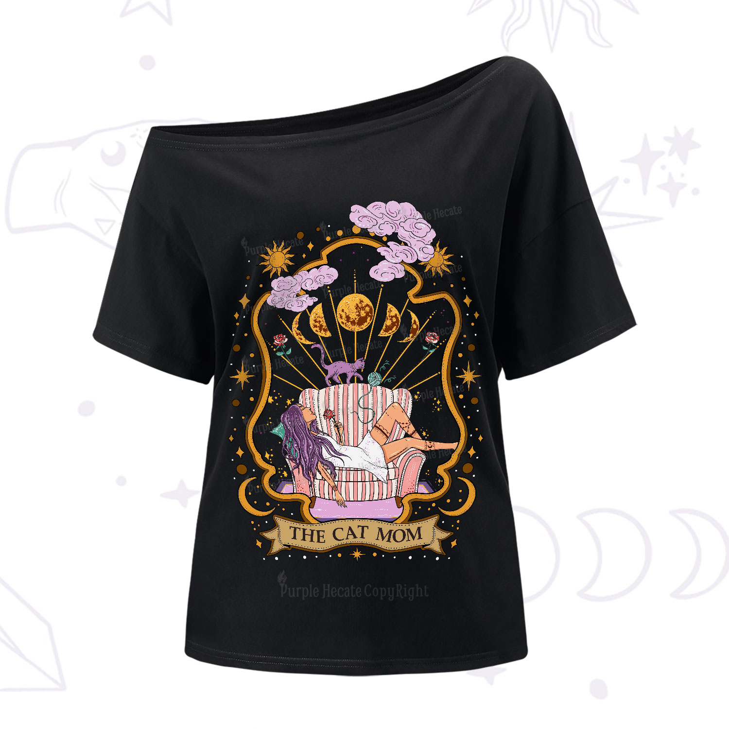 Purplehecate The Cat Mom Goddess One-Shoulder T-Shirt