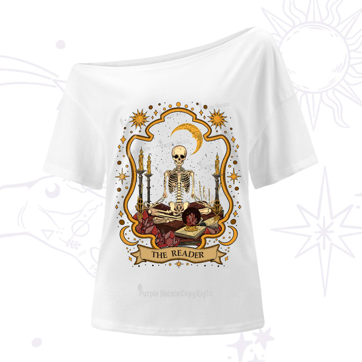 Purplehecate The Reader Skeleton One-Shoulder T-Shirt