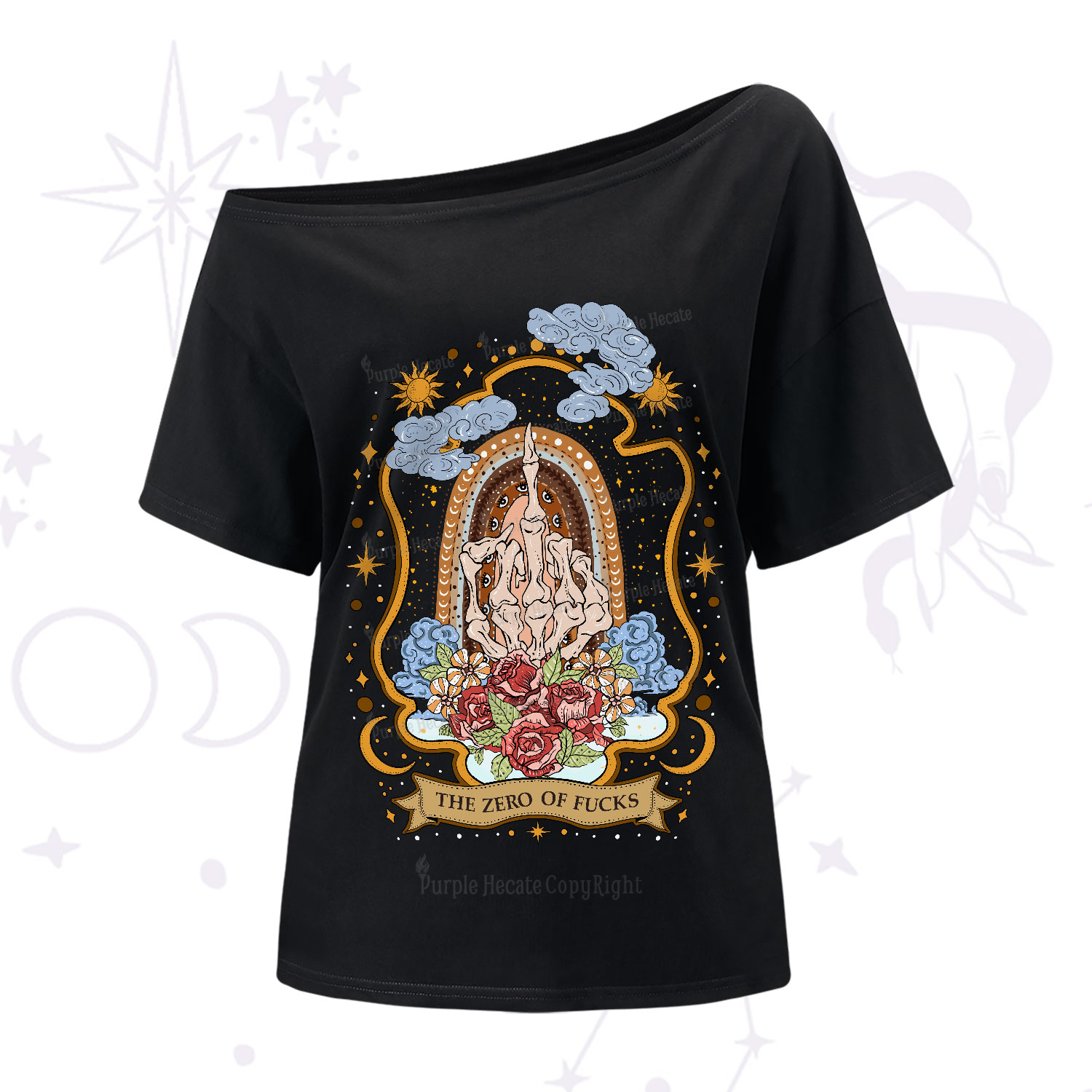Purplehecate The Zero of Fucks Skeleton One-Shoulder T-Shirt