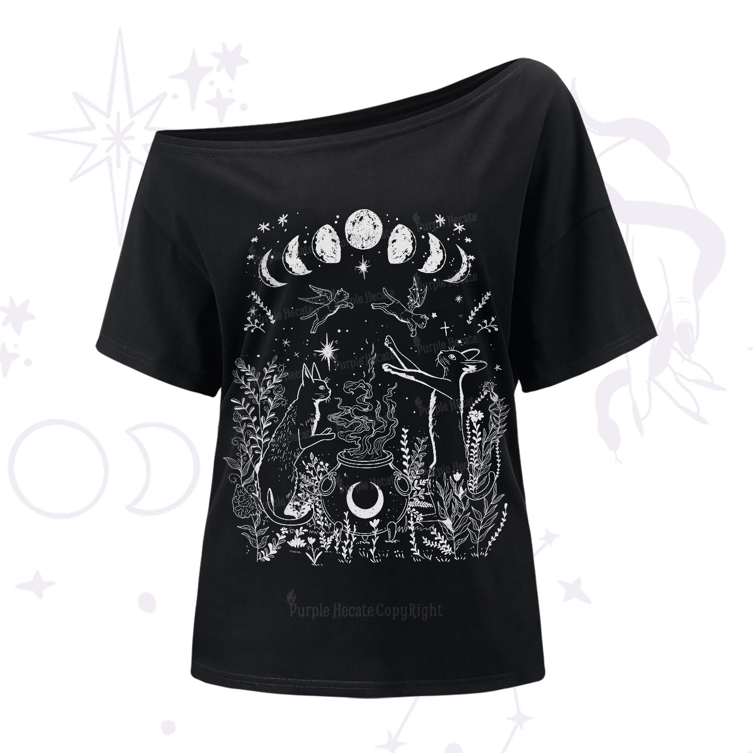 Purplehecate Celestial Cat One-Shoulder T-Shirt