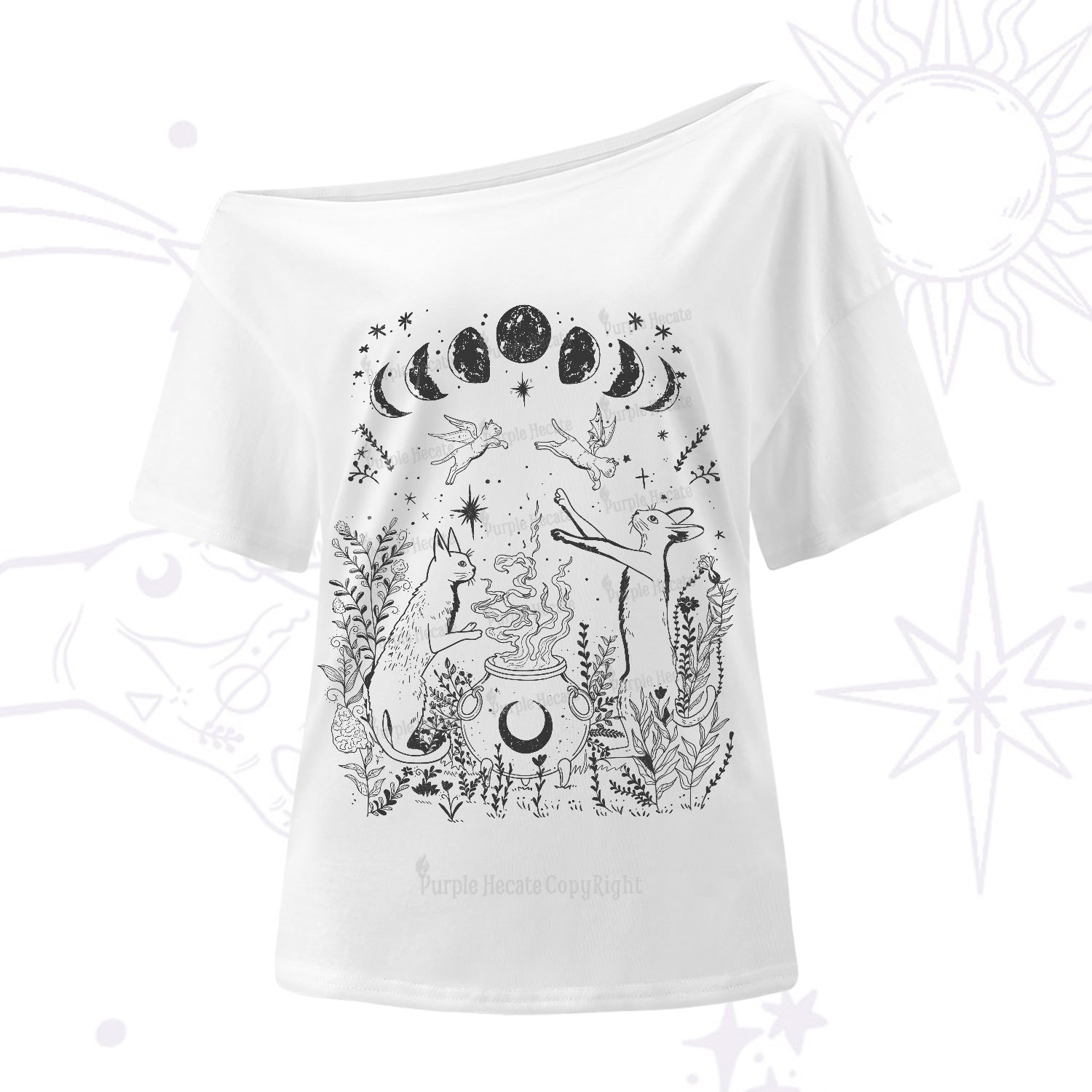 Purplehecate Celestial Cat One-Shoulder T-Shirt
