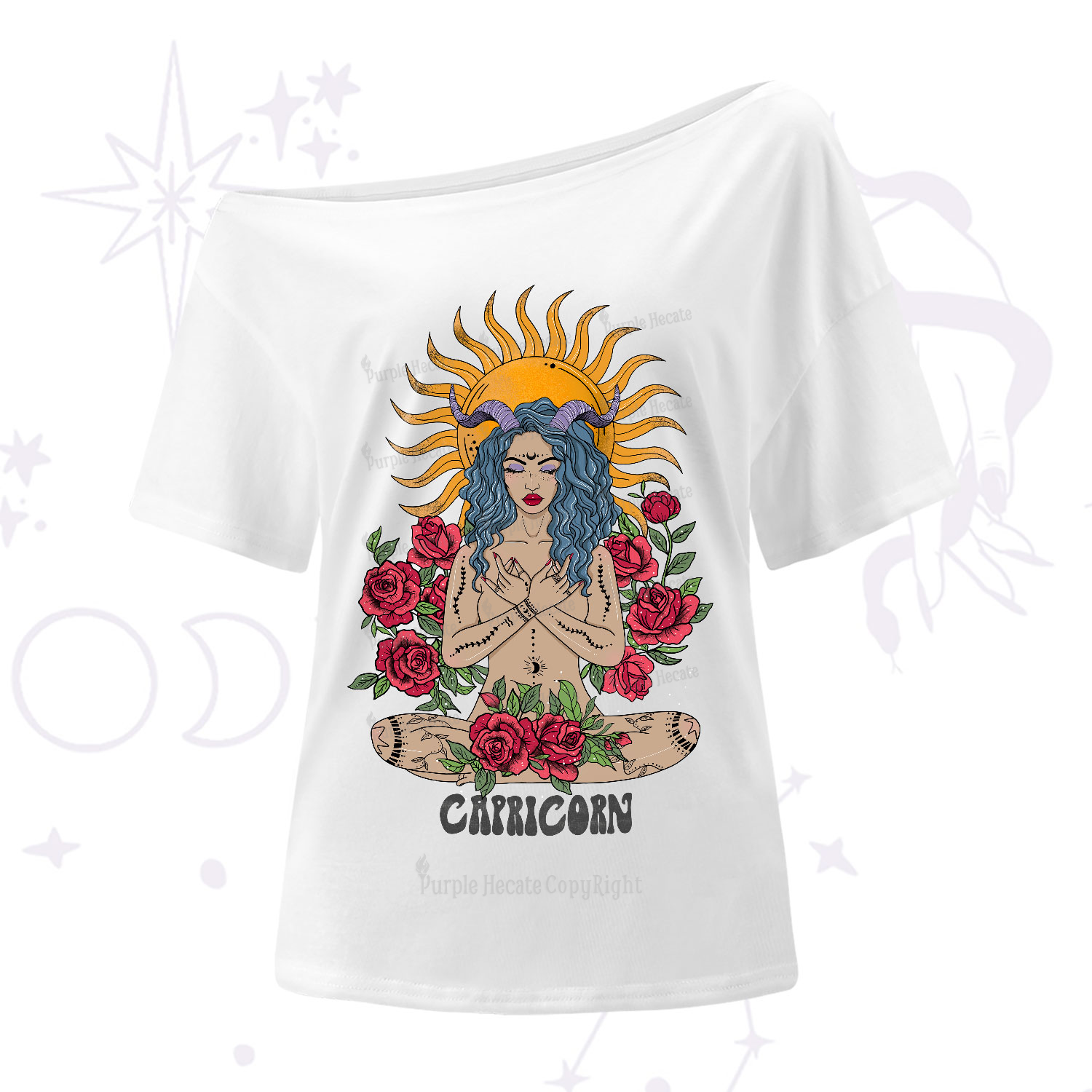Purplehecate Sun Guardian Of Capricorn Zodiac One-Shoulder T-Shirt