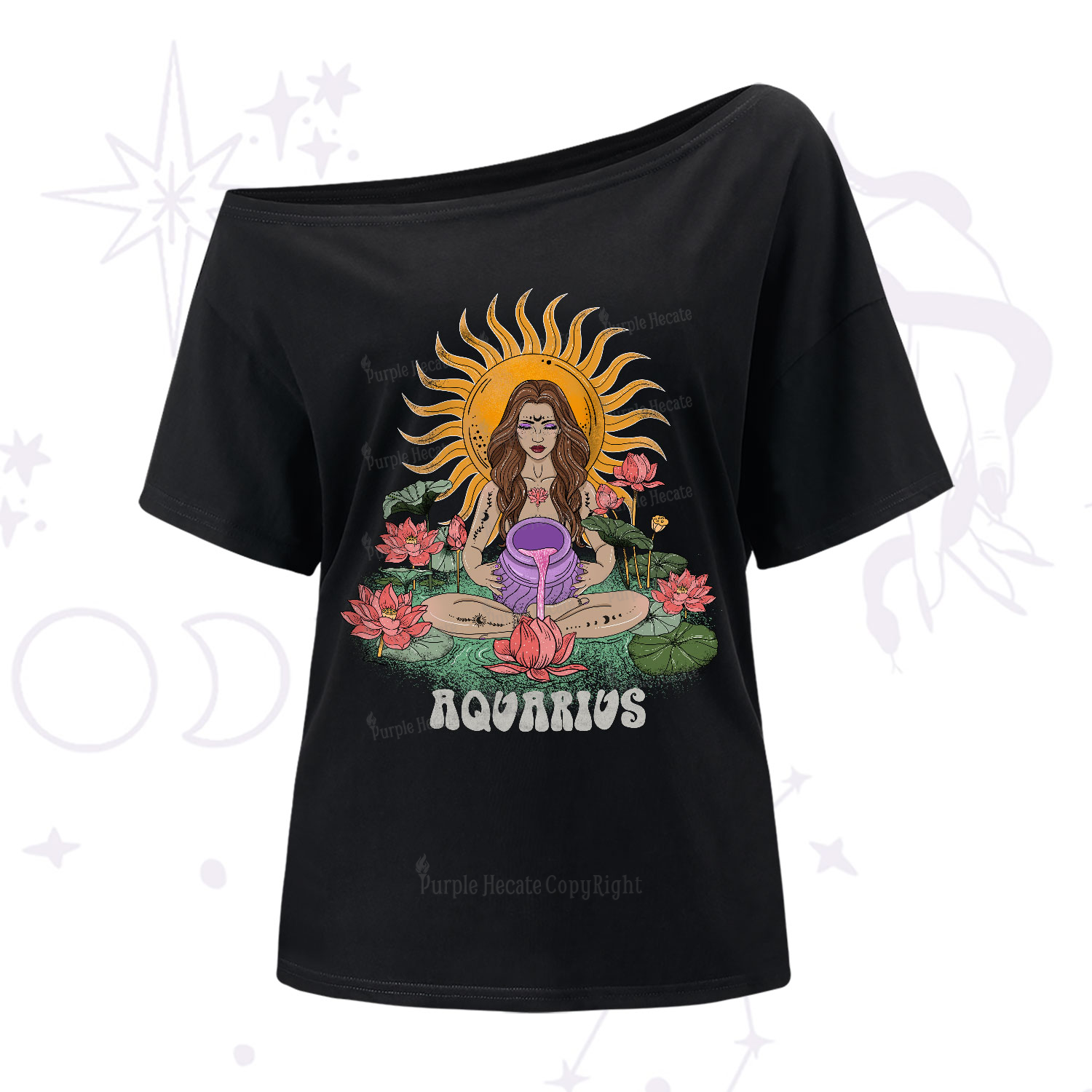 Purplehecate Sun Guardian Of Aquarius Zodiac One-Shoulder T-Shirt