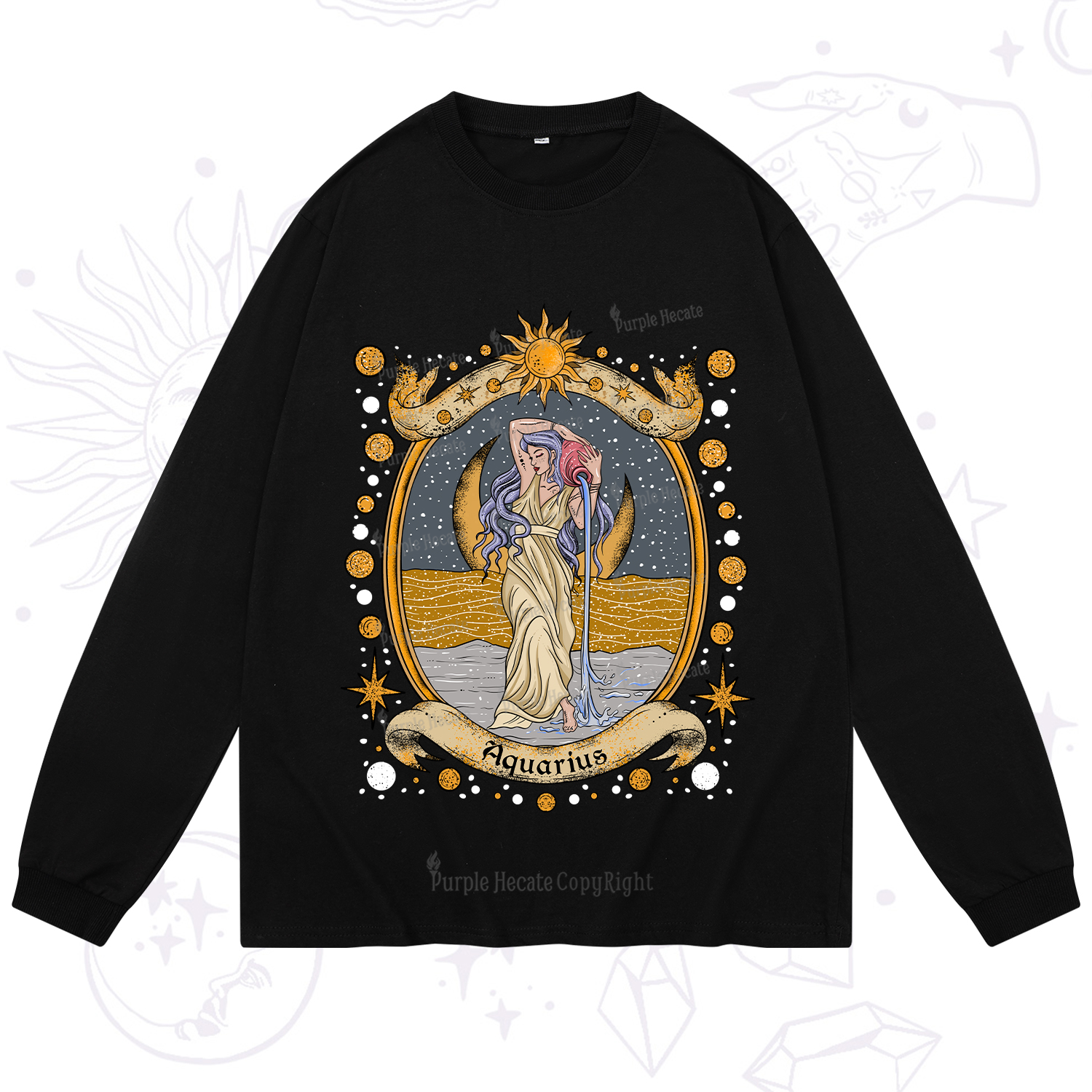 Purplehecate Celestial Aquarius Zodiac Long Sleeve T-Shirt