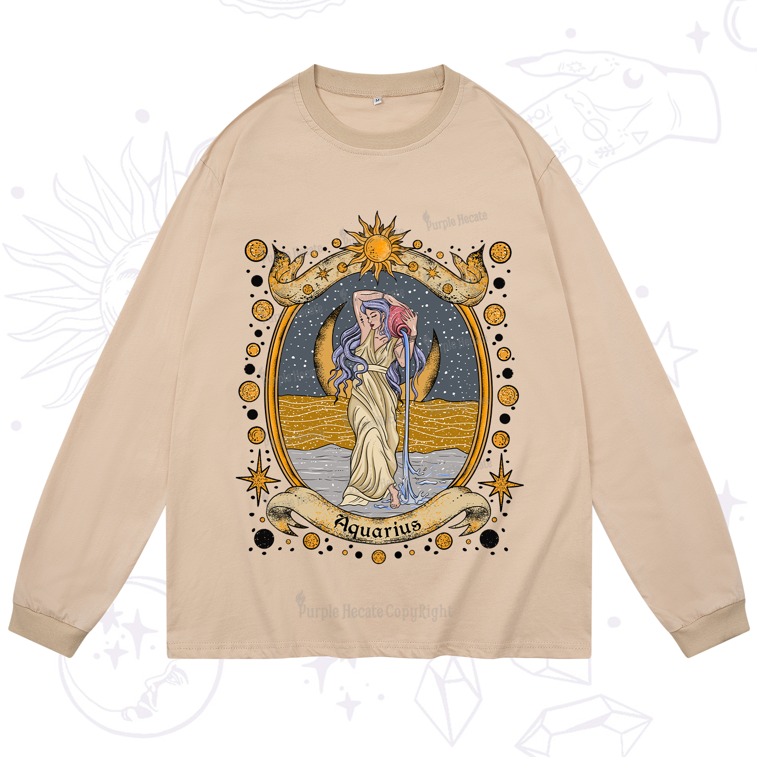 Purplehecate Celestial Aquarius Zodiac Long Sleeve T-Shirt