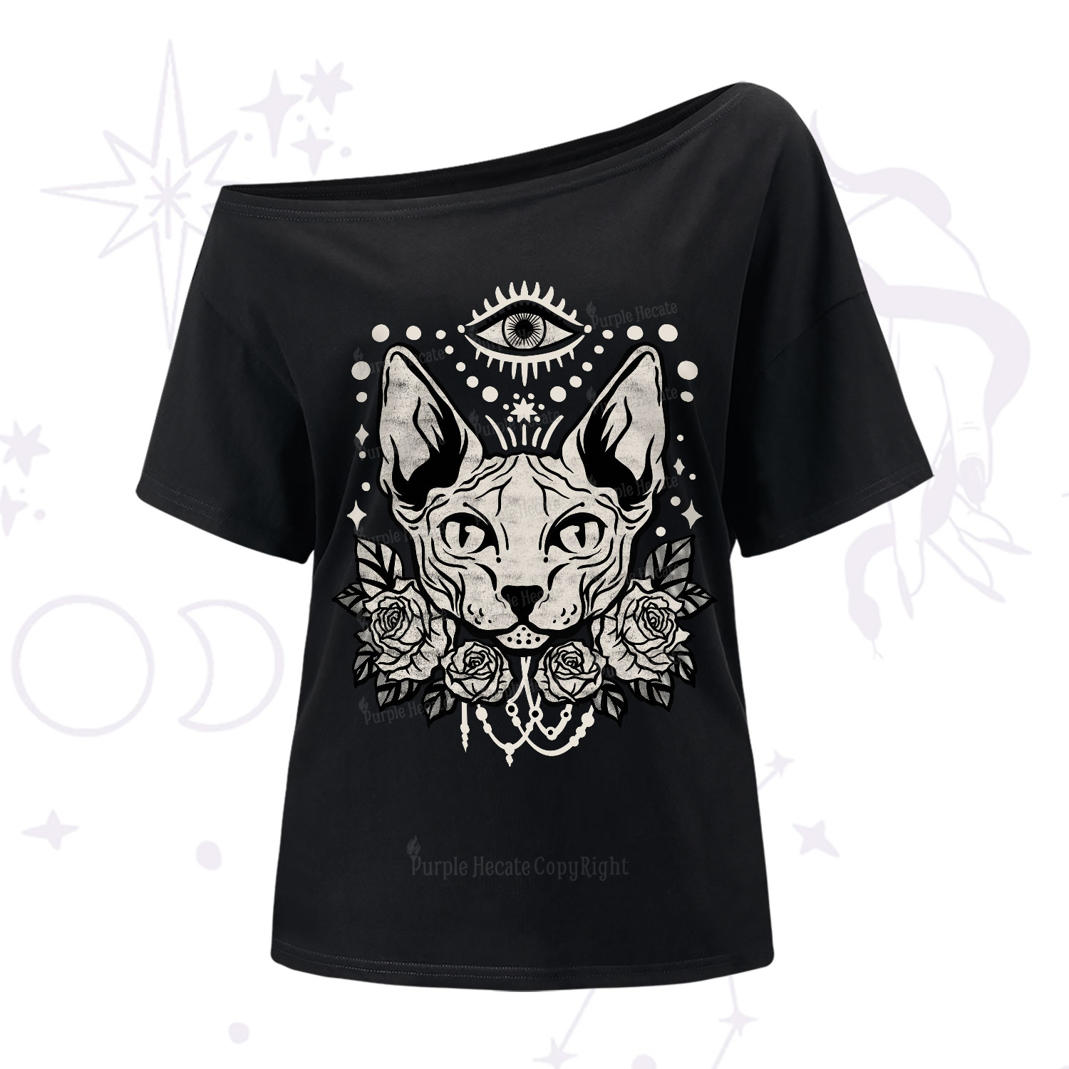 Purplehecate Mystical Cat One-Shoulder T-Shirt