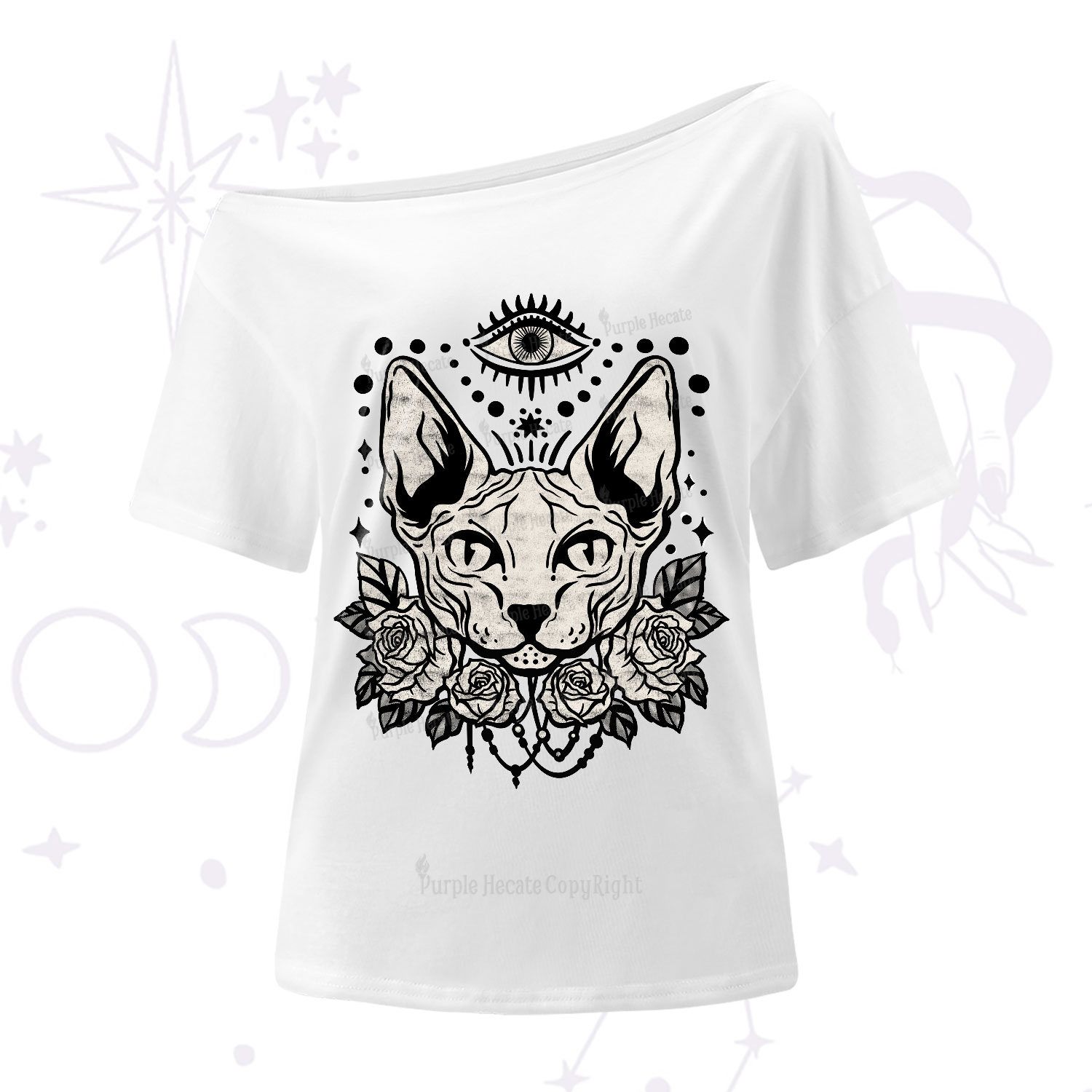 Purplehecate Mystical Cat One-Shoulder T-Shirt