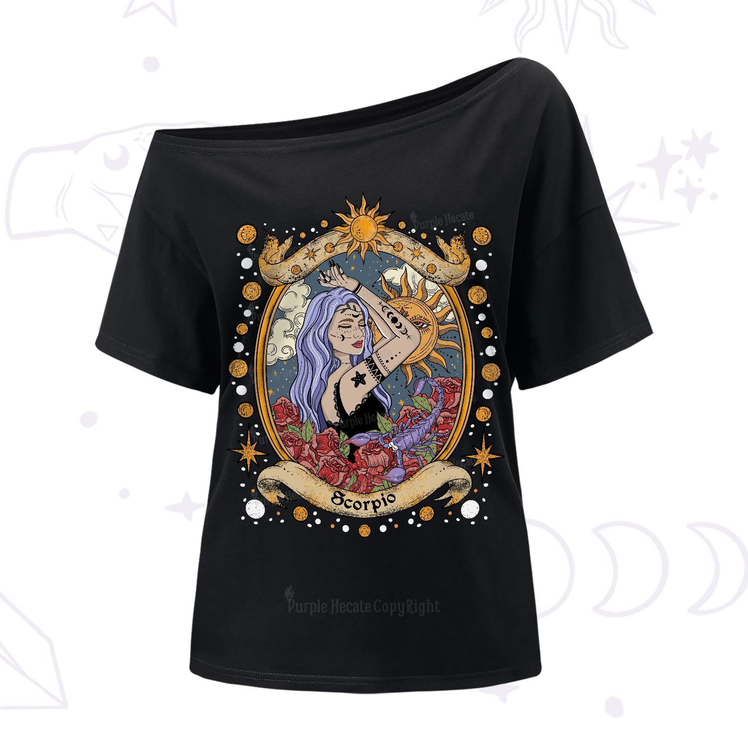 Purplehecate Scorpio Radiance Zodiac One-Shoulder T-Shirt