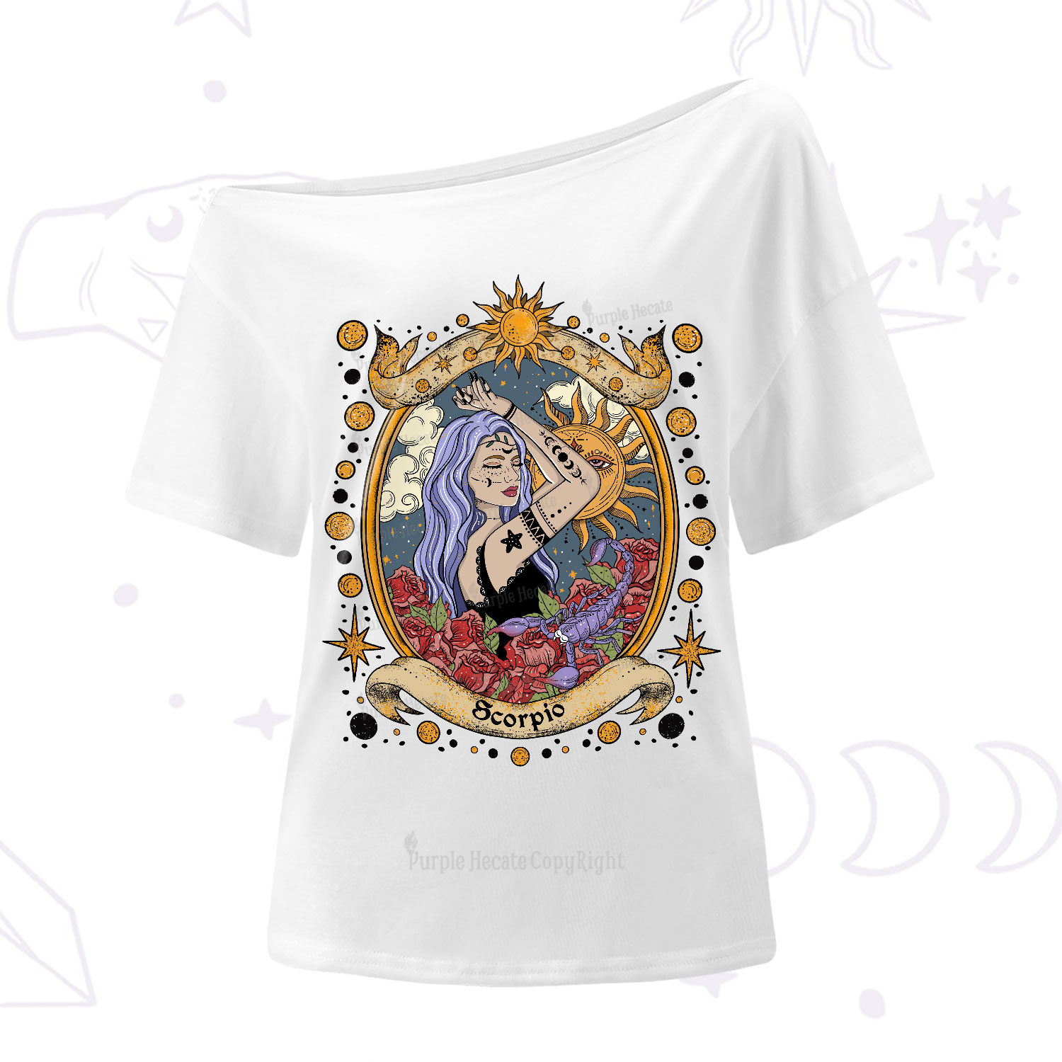 Purplehecate Scorpio Radiance Zodiac One-Shoulder T-Shirt