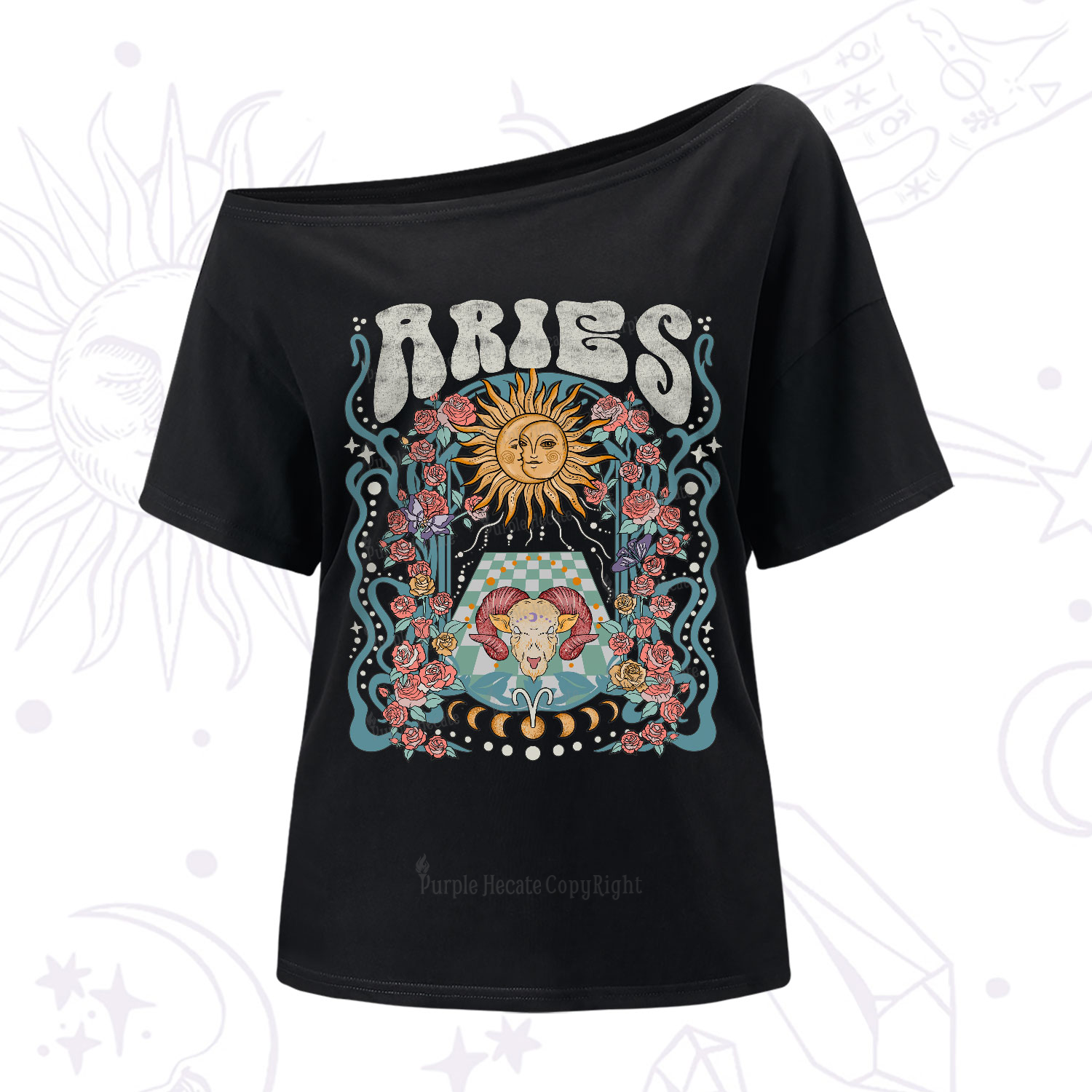 Purplehecate Aries Spirit Zodiac One-Shoulder T-Shirt