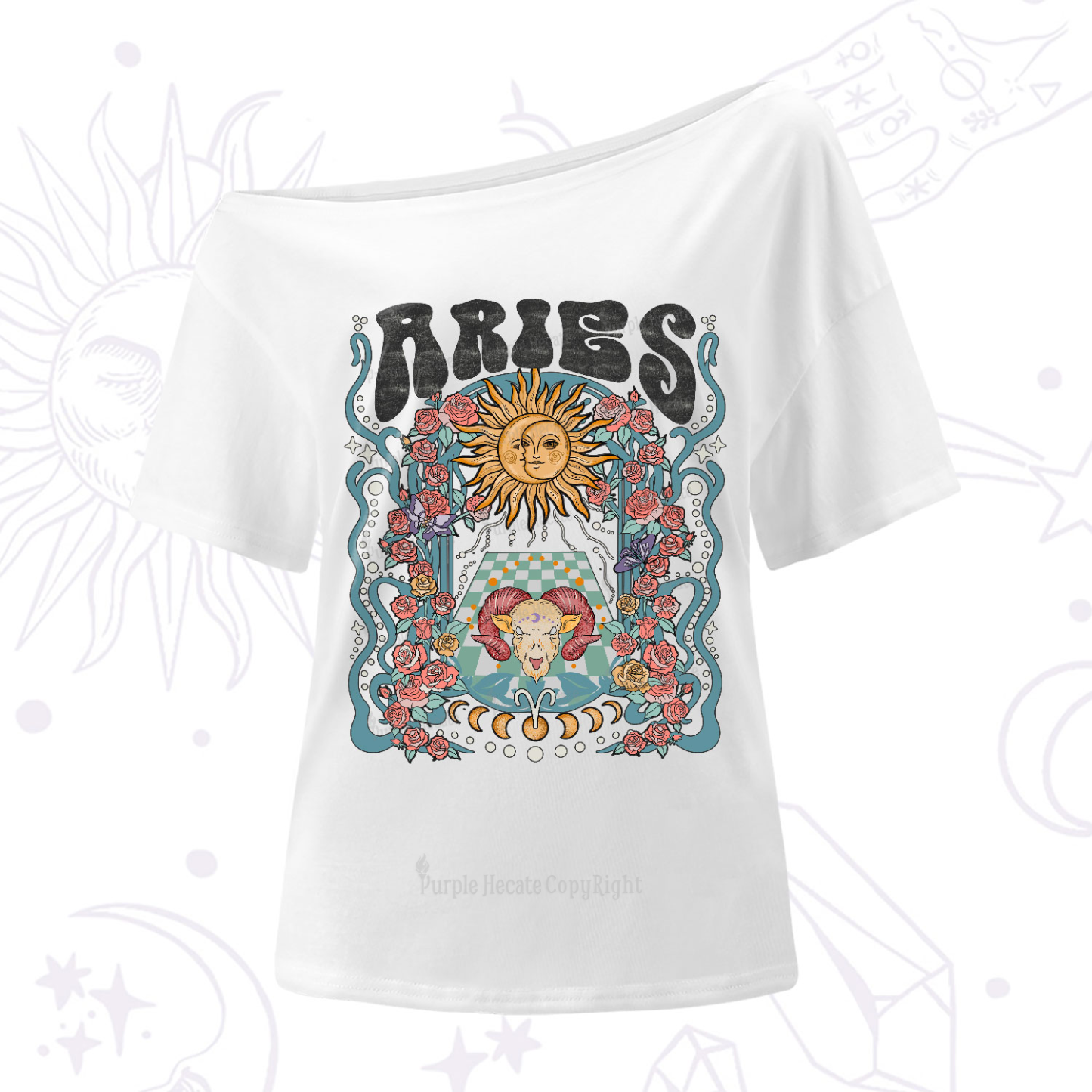 Purplehecate Aries Spirit Zodiac One-Shoulder T-Shirt
