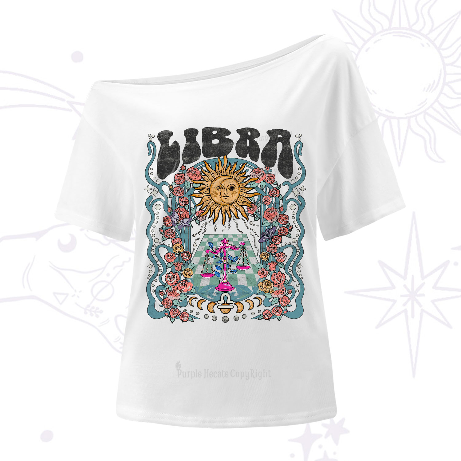 Purplehecate Libra Spirit Zodiac One-Shoulder T-Shirt