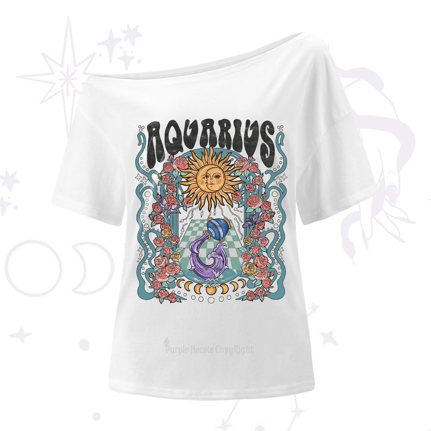 Purplehecate Aquarius Spirit Zodiac One-Shoulder T-Shirt