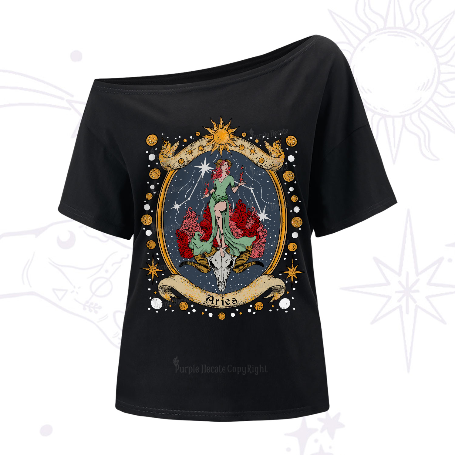 Purplehecate Celestial Aries Zodiac One-Shoulder T-Shirt