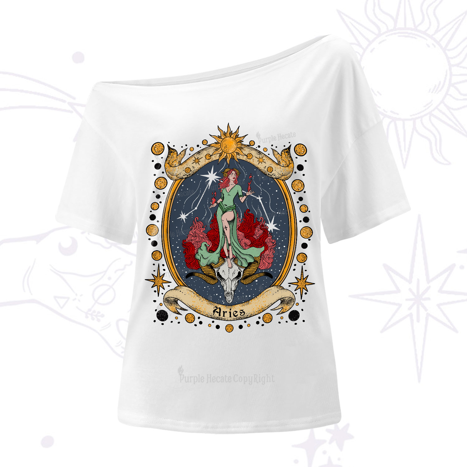 Purplehecate Celestial Aries Zodiac One-Shoulder T-Shirt
