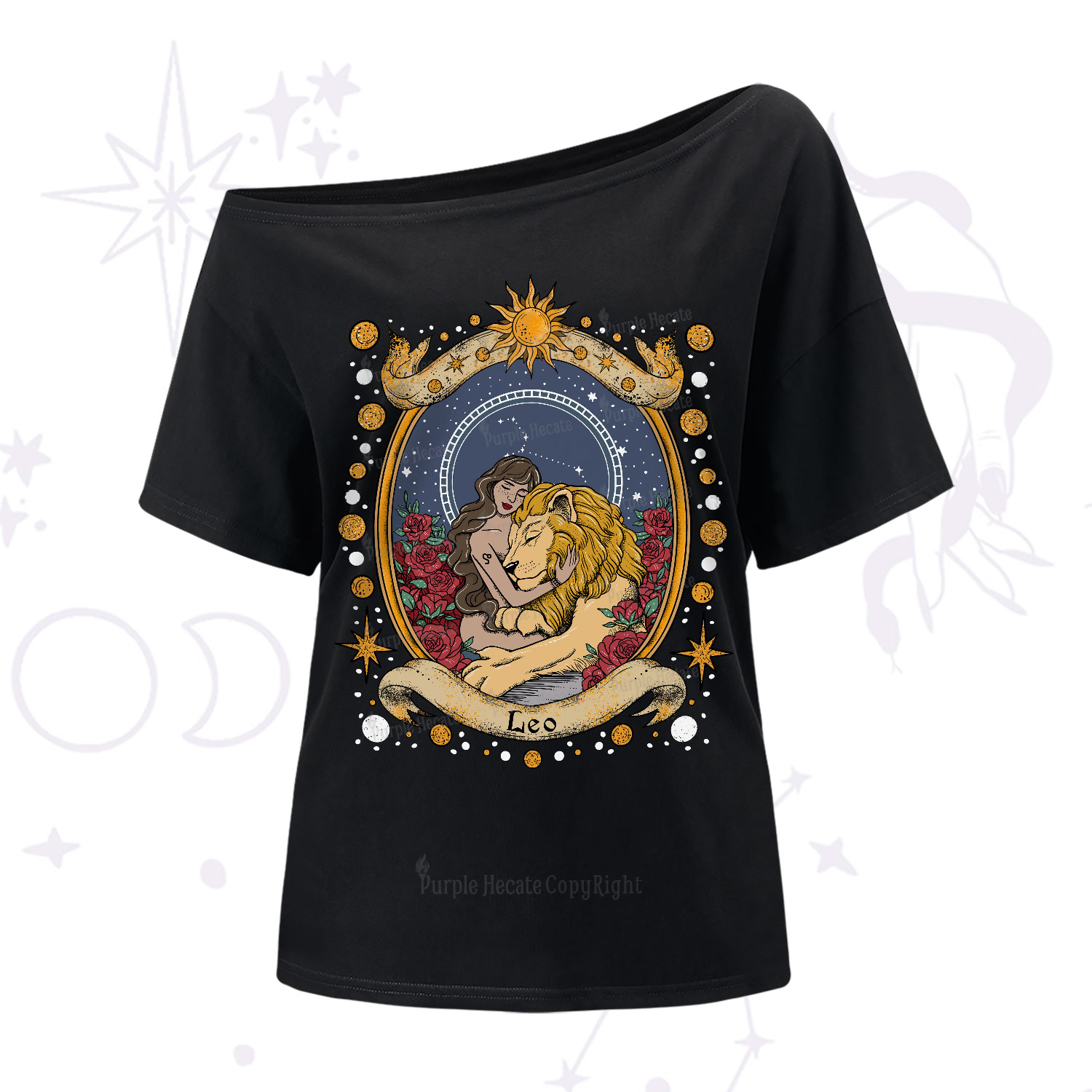 Purplehecate Celestial Leo Zodiac One-Shoulder T-Shirt