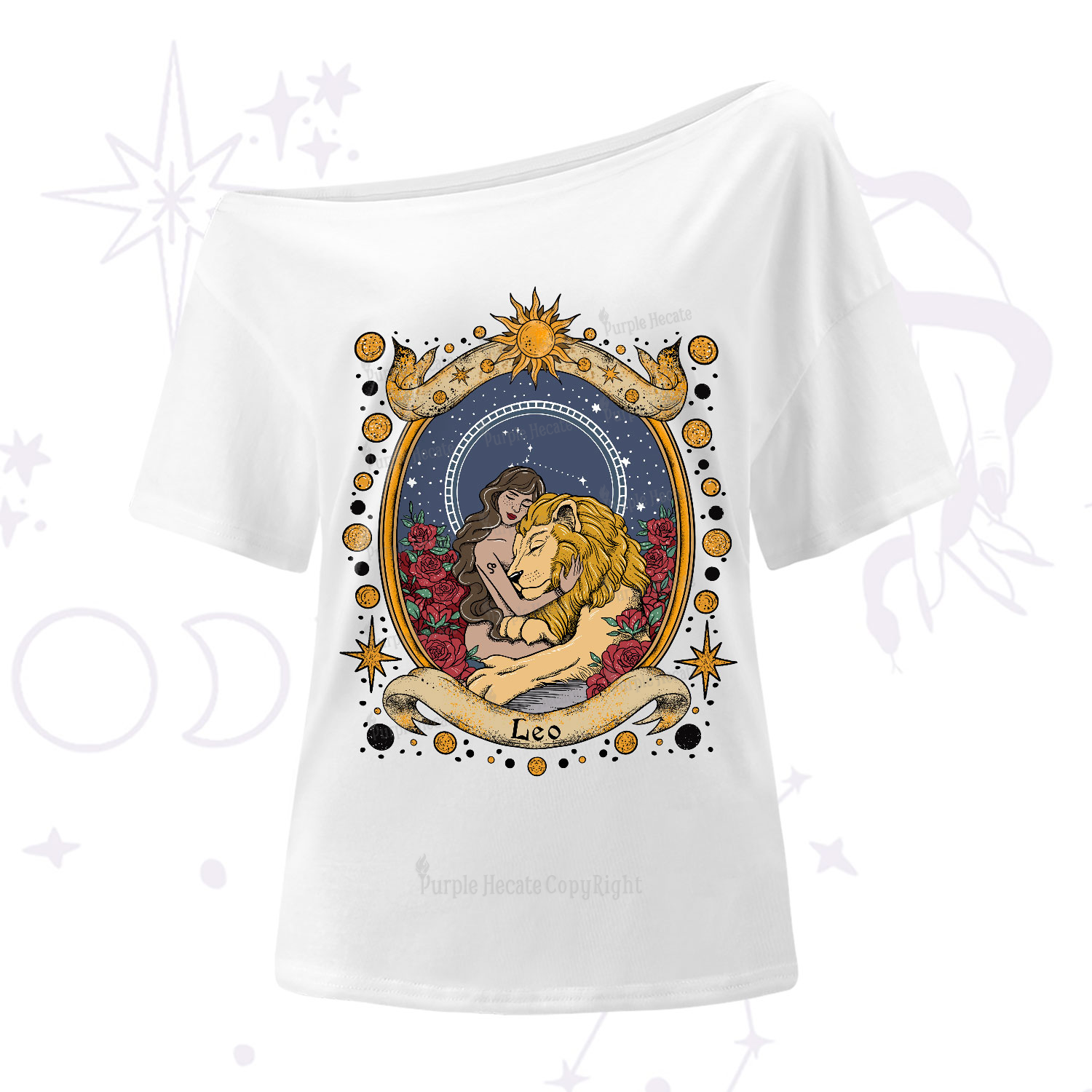 Purplehecate Celestial Leo Zodiac One-Shoulder T-Shirt