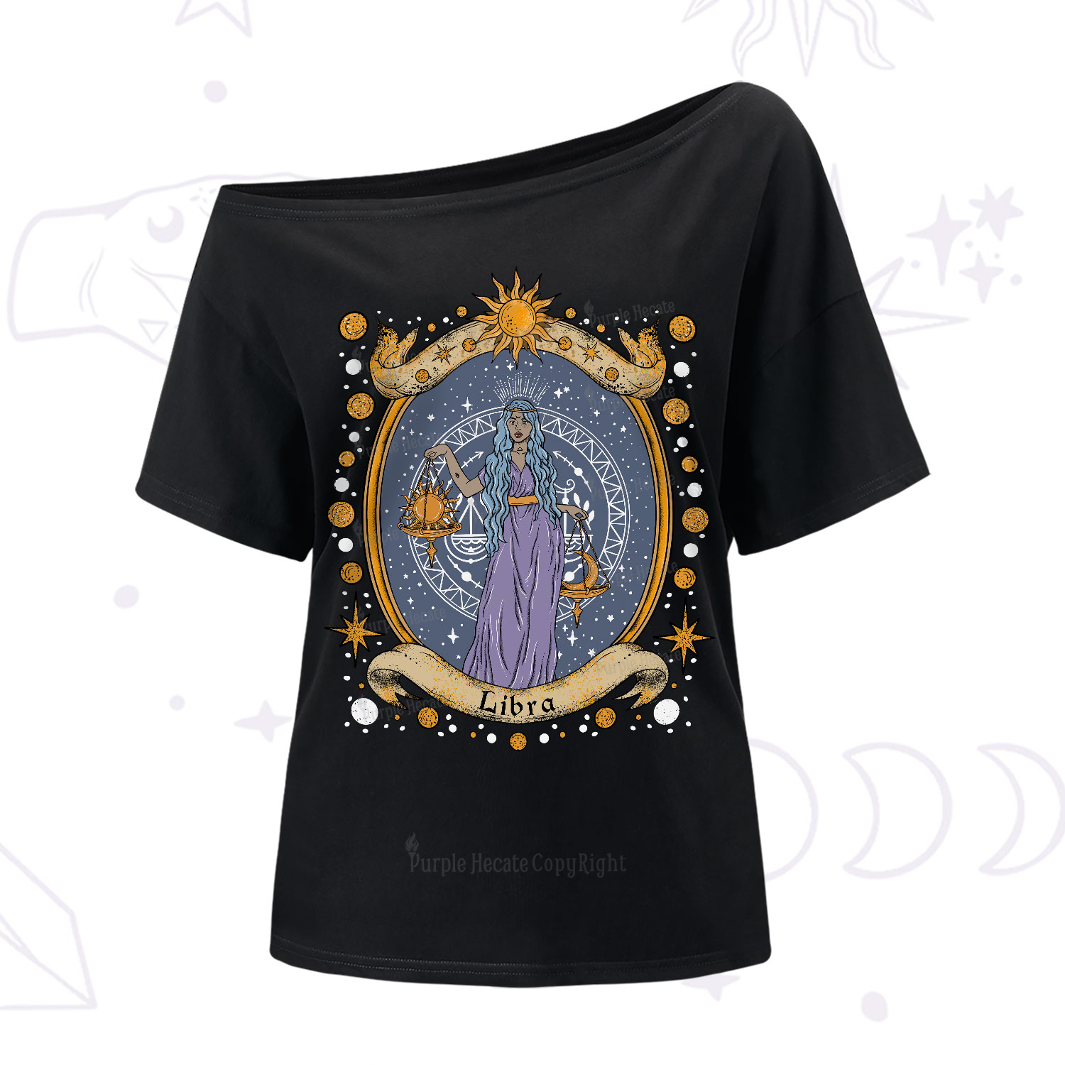 Purplehecate Celestial Libra Zodiac One-Shoulder T-Shirt