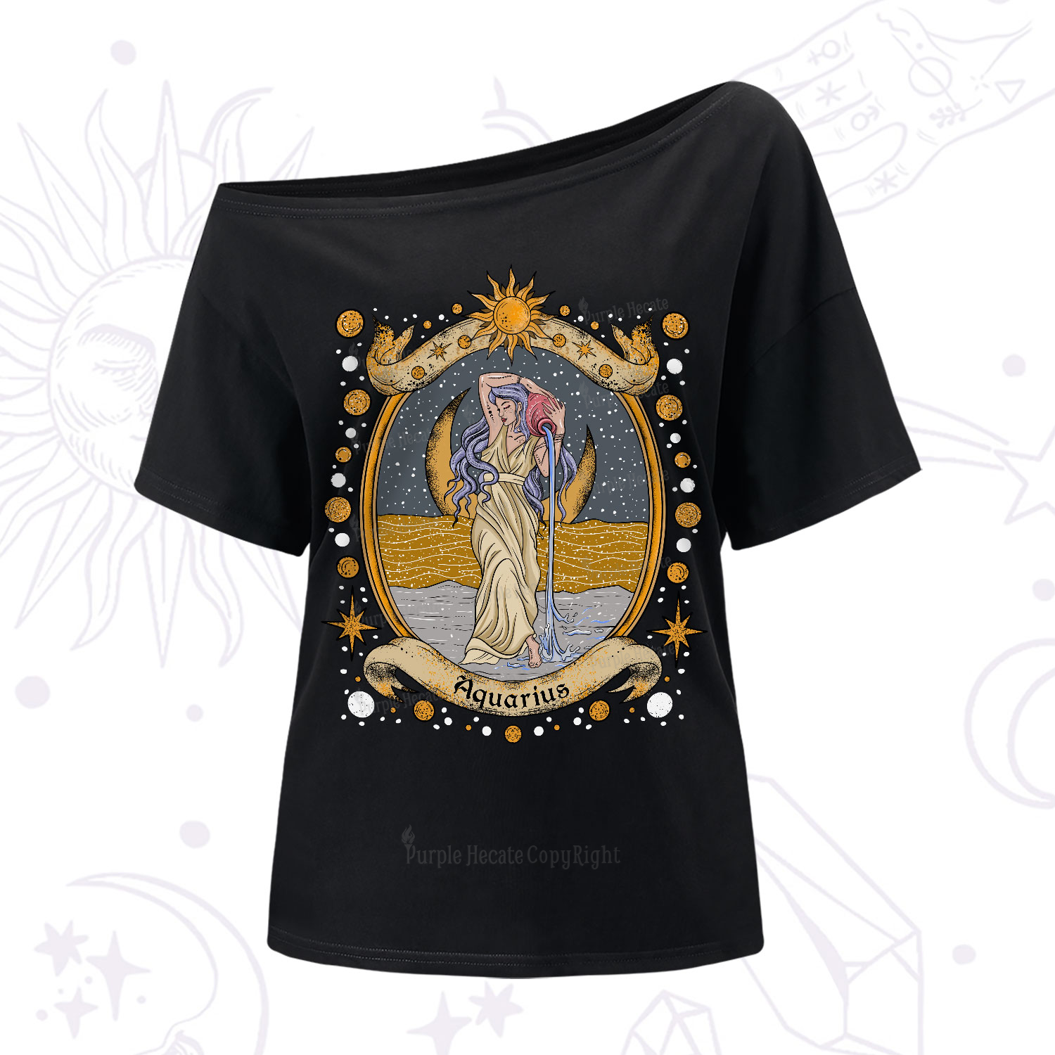 Purplehecate Celestial Aquarius Zodiac One-Shoulder T-Shirt