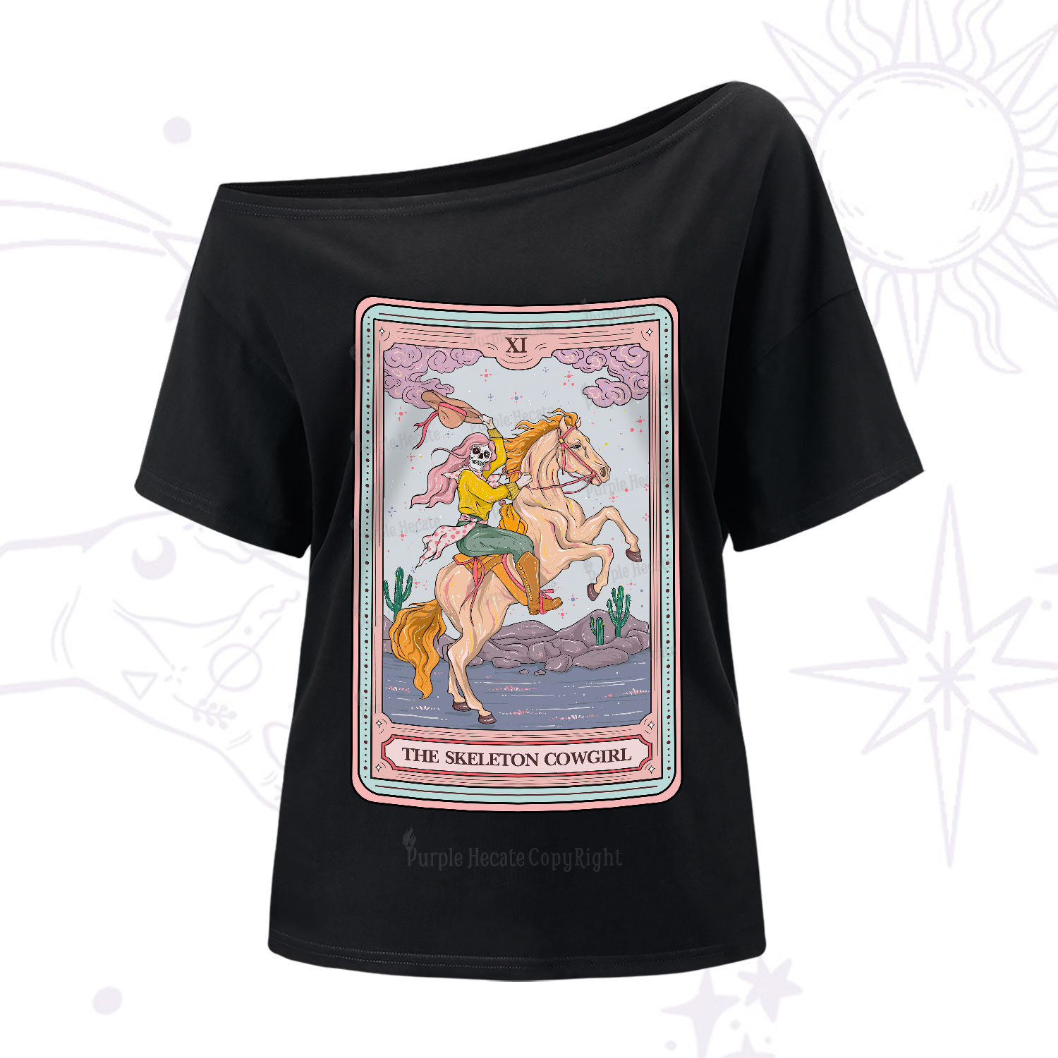 Purplehecate The Skeleton Cowgirl Tarot Card One-Shoulder T-Shirt