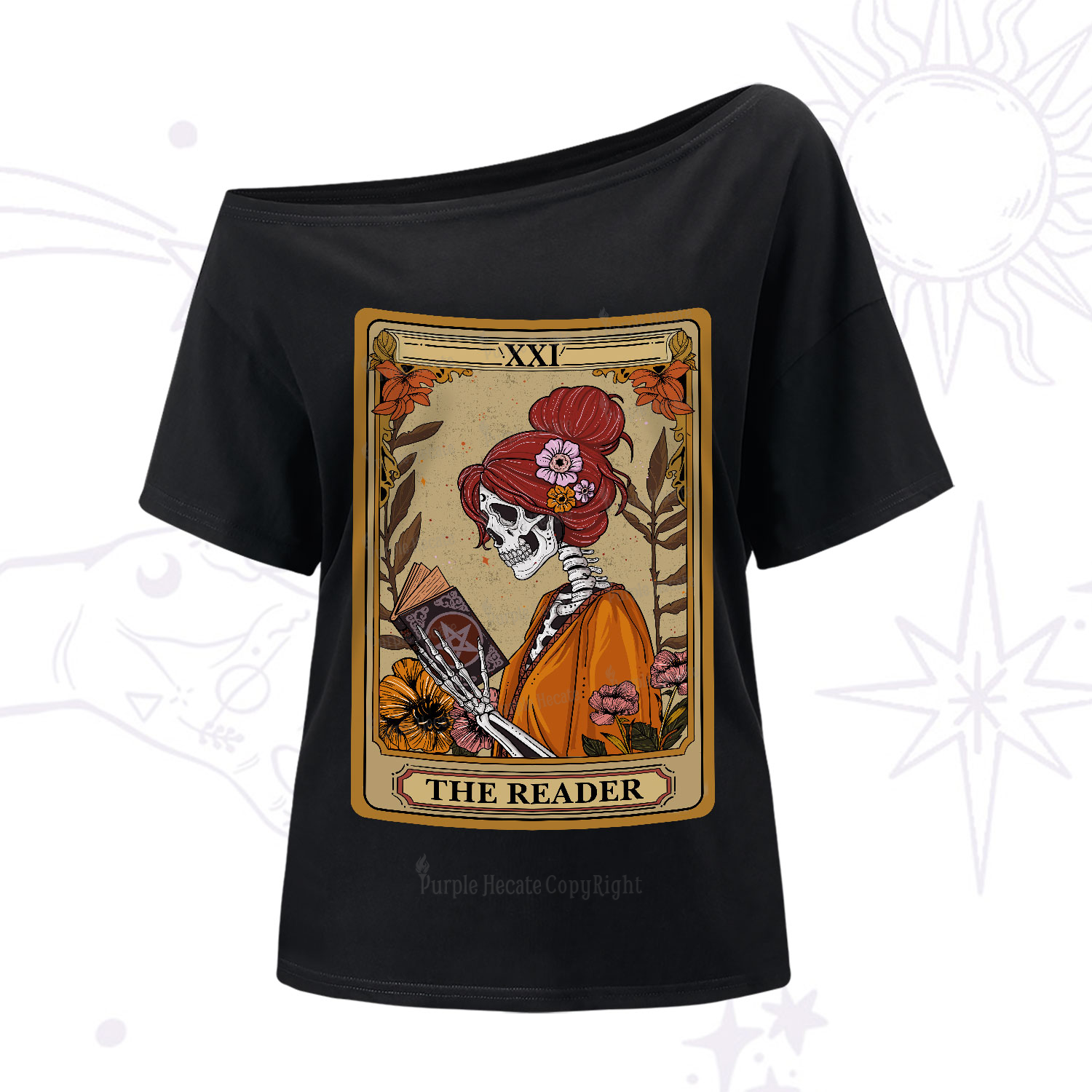 Purplehecate The Reader Tarot Card Skeleton One-Shoulder T-Shirt